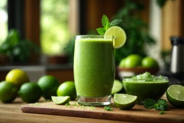 Healthy green smoothie drink organic fresh lime and lemon on kitchen table