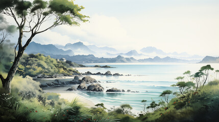 Naklejka premium Experience the serenity of a river valley depicted in this digital painting, where verdant mountains are beautifully reflected in the still waters beneath a soft, cloudy sky.