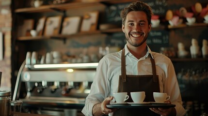 Cheerful male waiter carrying coffee cups on tray and smiling at camera, working in his small business restaurant cafe. copy space for text. - Powered by Adobe
