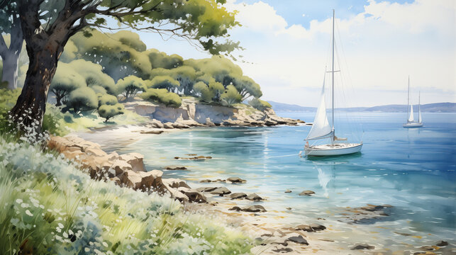 A digital painting of a sailboat anchored near the shore of a tranquil beach.