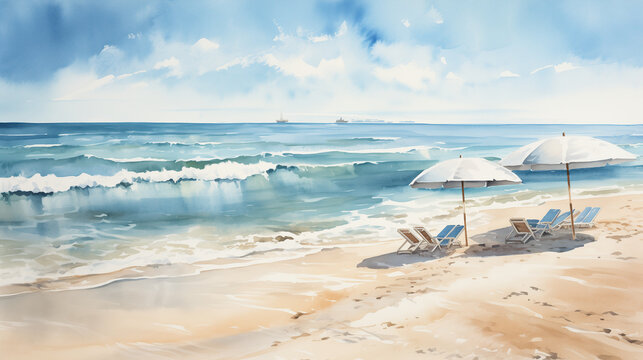 A detailed watercolor depiction of a sandy beach with footprints, beach umbrellas, and the soothing sound of waves crashing.