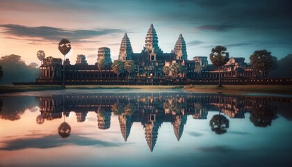 A serene image capturing the main temple of Angkor Wat reflected perfectly in the calm waters of the moat during early morning or late afternoon. - obrazy, fototapety, plakaty