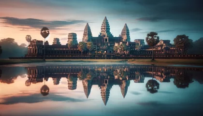 Poster A serene image capturing the main temple of Angkor Wat reflected perfectly in the calm waters of the moat during early morning or late afternoon. © FantasyLand86