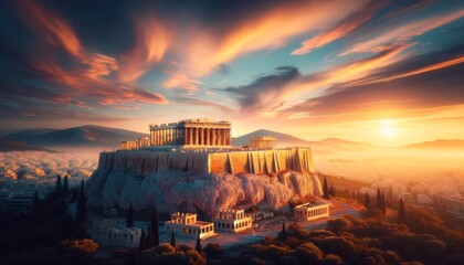 A panoramic view of the Acropolis at sunrise, with the Parthenon temple illuminated by the soft golden light of the morning sun. - obrazy, fototapety, plakaty