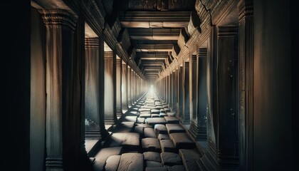 A captivating image showing a series of aligned doorways within Angkor Wat, creating a deep perspective that leads the viewer's eye through the differ. - obrazy, fototapety, plakaty