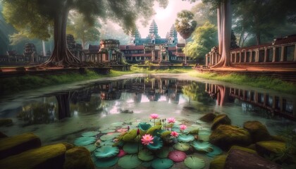 An image capturing a serene corner within the Angkor Wat complex, featuring a small, reflective pond filled with blooming lotus flowers.
