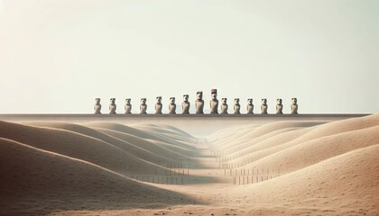 A minimalist image showcasing a row of Moai statues in the distance, viewed from a low angle. - obrazy, fototapety, plakaty