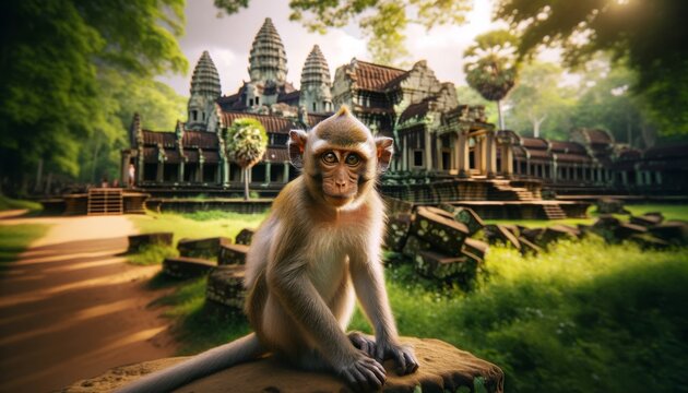 An image capturing a curious monkey set against the backdrop of the ancient temples of Angkor Wat, showcasing the natural inhabitants of the ruins.
