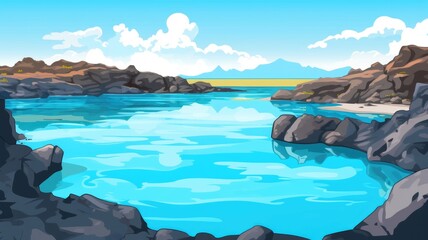 cartoon blue lake, rocky terrain, distant mountains with  fluffy clouds