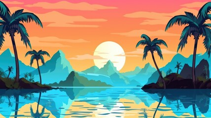 cartoon tropical landscape with palm trees, blue river, and mountains