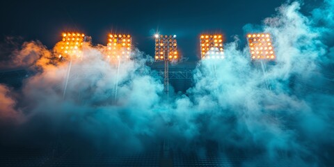 Stadium lights through with light and smoke, creating a dramatic and atmospheric scene.