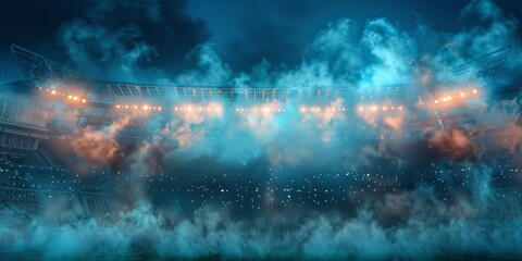 Stadium lights through with light and smoke, creating a dramatic and atmospheric scene.
