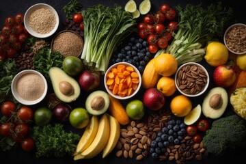 top view health food fruit and vegetables for fitness concept