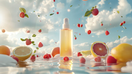Serum bottle amidst a dreamy cascade of citrus fruits and berries - obrazy, fototapety, plakaty
