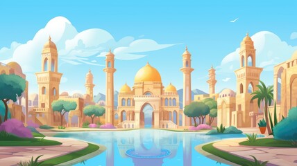 Fototapeta premium cartoon illustration Enchanting palace with minarets, lush gardens, and reflective pond in vibrant colors
