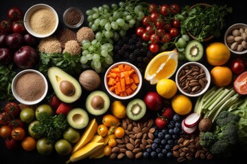 top view health food fruit and vegetables for fitness concept