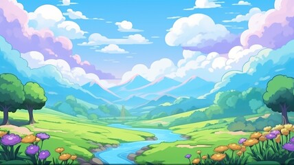 cartoon landscape with hills, river, flowers, and mountains under a cloudy sky
