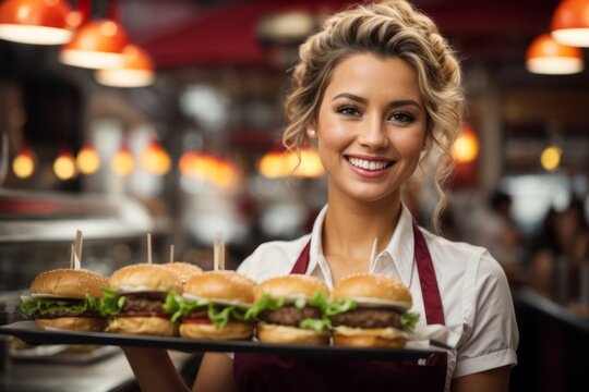 Happy Caucasian female waitress holding burger in fast food restaurant - Powered by Adobe