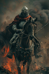 Battle-ready knight on horse armor shining