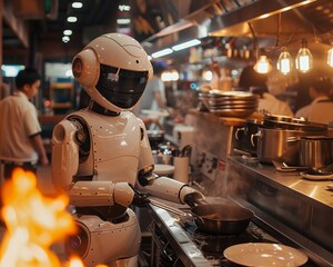 Friendly robot in chef attire cooking in a bustling restaurant kitchen