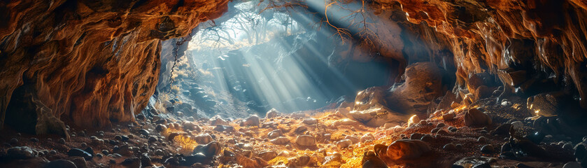 Inside a time cave, a portal opens revealing mysterious scenes, mystical and captivating - obrazy, fototapety, plakaty