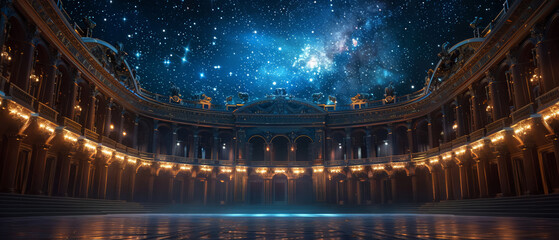 Majestic starry night enhancing classical theater scene, grandiose and timeless