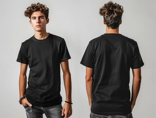 Simple mockup of young man in black tshirt, front and back views, on a white background, crisp and clear