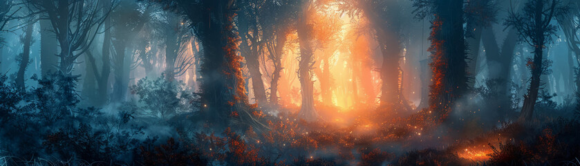 Smokefilled forest at dawn, dragon guards treasure chest, scene of myth and mystery