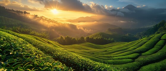 Tranquil tea fields under sunrise, with mountain silhouettes, embodying fresh nature - obrazy, fototapety, plakaty