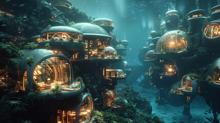 Underwater urban dome, futuristic town living beneath the sea - obrazy, fototapety, plakaty