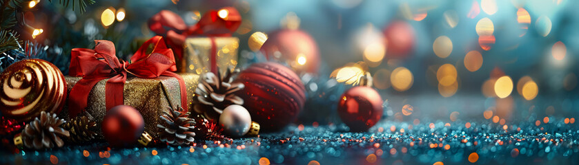 Vibrant Christmas gifts and decorations, colorful and festive, joyful holiday scene - obrazy, fototapety, plakaty