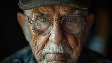 Portrait of wrinkled army war veteran looking directly into the camera. - obrazy, fototapety, plakaty