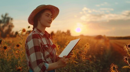 Female farmer stands and holds a tablet in her hand. copy space for text.