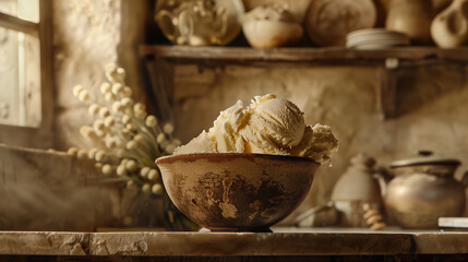 Summer Berries Gelato Ice Cream. Vanilla gelato ice cream in a rustic ceramic bowl, set in a warm, cozy cafe atmosphere.