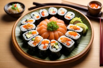 California maki sushi rolls with chopsticks on wooden table in Japanese food restaurant, top view