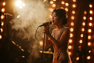 Asian woman singing into microphone vocalist on stage in concert hall