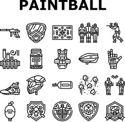 paintball game player team icons set vector. ball paint, target gun, friends fun, splash group, military adrenaline, splatter paintball game player team black contour illustrations