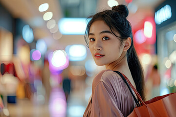 Portrait happy smile Asian young woman shopping in mall