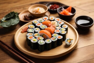 California maki sushi rolls with chopsticks on wooden table in Japanese food restaurant, top view
