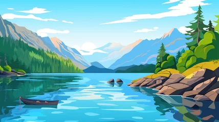 Rucksack cartoon landscape  with a vibrant lake, forests, and mountains © chesleatsz