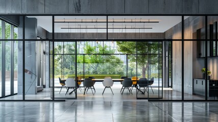 Creative office with open glass doors, chairs and tables, without people.