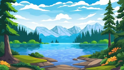 Fototapeta na wymiar cartoon landscape with a vibrant lake, forests, and mountains