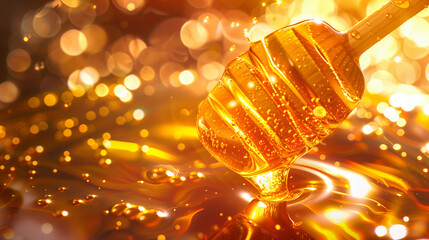 a honey dipper being dipped into a jar of honey, with golden droplets cascading down, evoking a sense of sweetness and indulgence. - obrazy, fototapety, plakaty