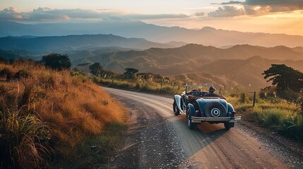 Vintage car aficionados embarking on a nostalgic road trip across scenic landscapes