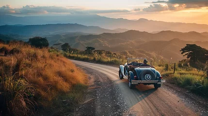 Poster Vintage car aficionados embarking on a nostalgic road trip across scenic landscapes © Photock Agency