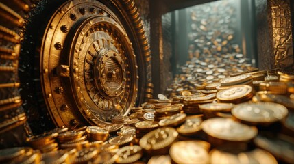 3D rendering of a fortified safe box in a vault, encircled by mountains of coins and cascading banknotes - obrazy, fototapety, plakaty