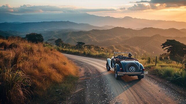 Fototapeta Vintage car aficionados embarking on a nostalgic road trip across scenic landscapes