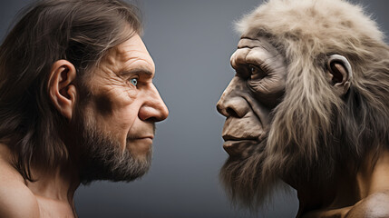 「進化の対話：ホモサピエンスとネアンデルタール人の顔面の比較」 - obrazy, fototapety, plakaty