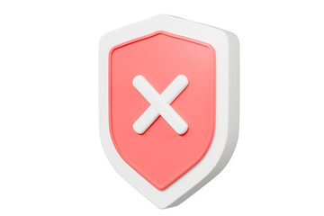 Obraz premium 3d Realistic Shield unprotected with cross mark icon. Unprotection, Unapproved, Un security unsafe concept. Minimal blue and white shield verified badge icon isolated on red background. 3d rendering.
