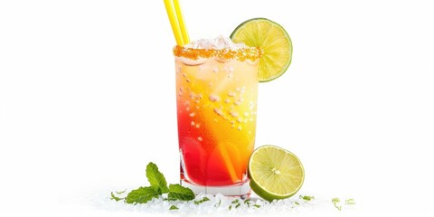 Fototapeta premium A glass of a colorful drink with a lime slice on the side. The drink is a mix of orange and pink, and it has a straw in it